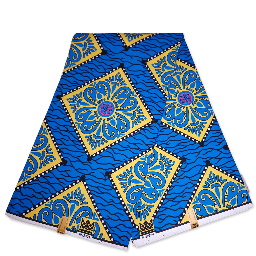 6 Yards - African Wax print fabric - Blue / yellow Royal
