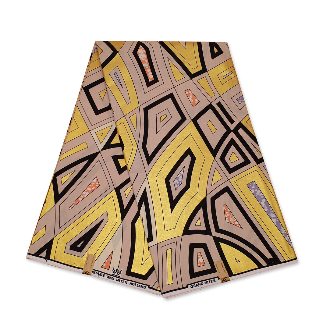 6 Yards - Tissu imprimé Wax Africain - Grand Wax - Géométrique Beige Or - Or embelli