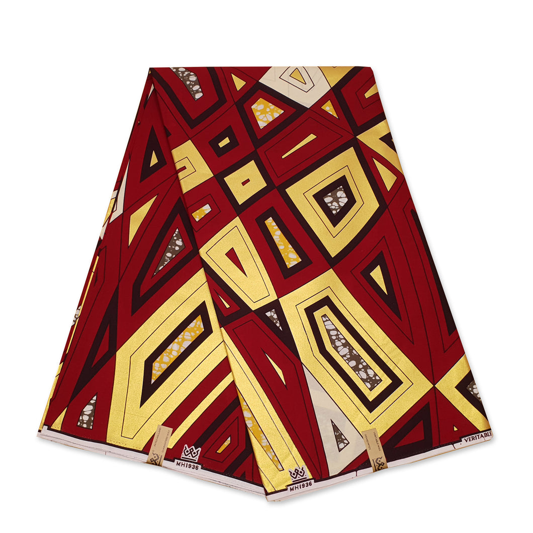 6 Yards - Tissu imprimé Wax Africain - Grand Wax - Maroon Gold géométrique - Or embelli