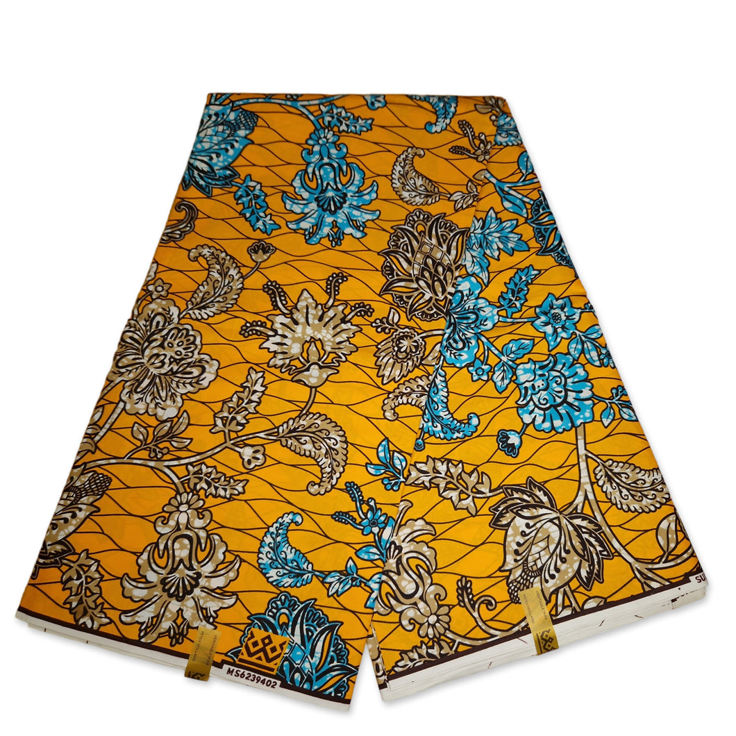 6 Yards - African Super Wax fabric - Yellow-Orange Flowers