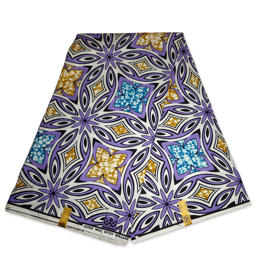 6 Yards - African Super Wax fabric - Purple White Splash