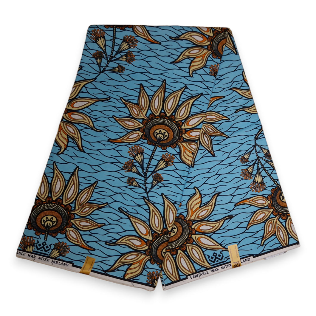 6 Yards - Afrikanischer Wax - Hellblaue Blumen