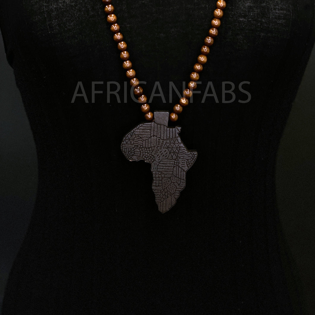 Collier / sautoir / pendentif en perles de bois - Continent africain - Noir / marron foncé