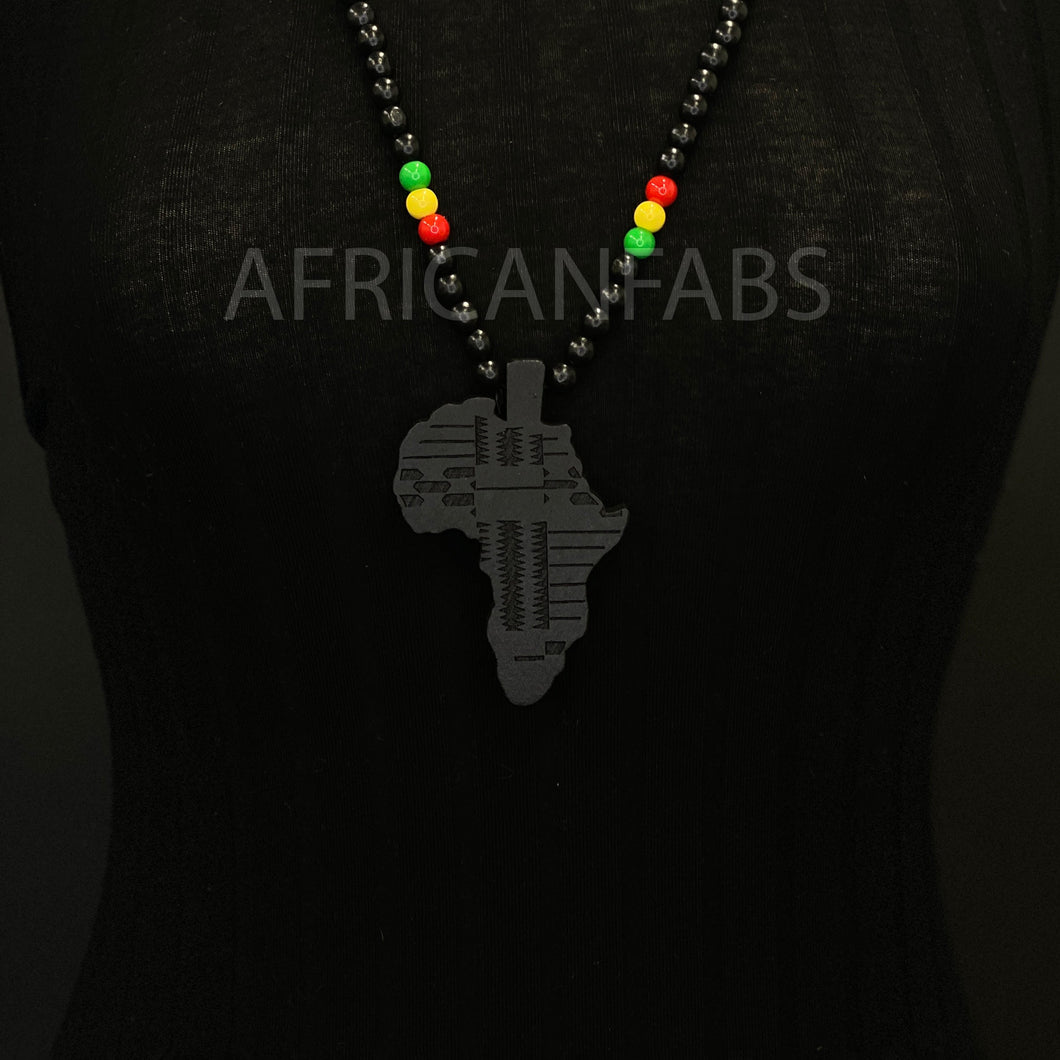 Collier / sautoir / pendentif en perles de bois - Continent africain - Noir