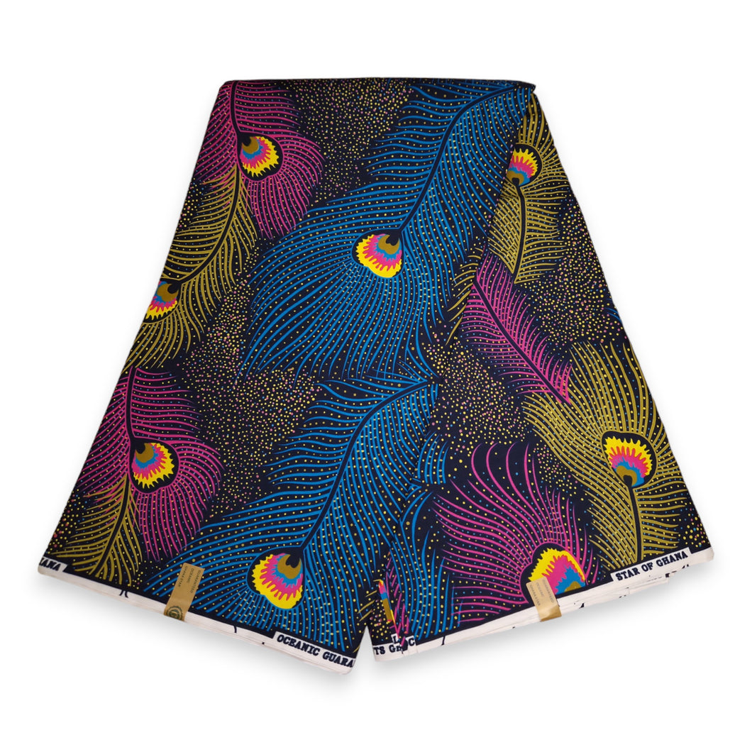6 Yards - Tissu imprimé africain - Plumes de paon multicolores - Polycoton