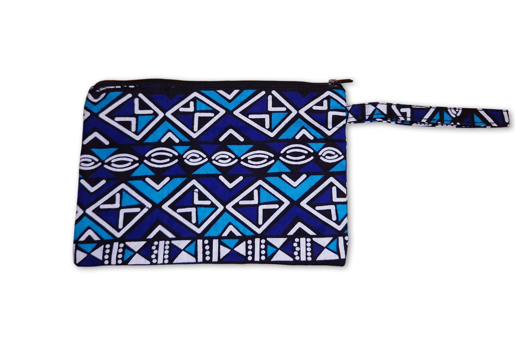 African print Makeup pouch / Pencil case / Cosmetic Bag / Coin Purse - Blue Bogolan