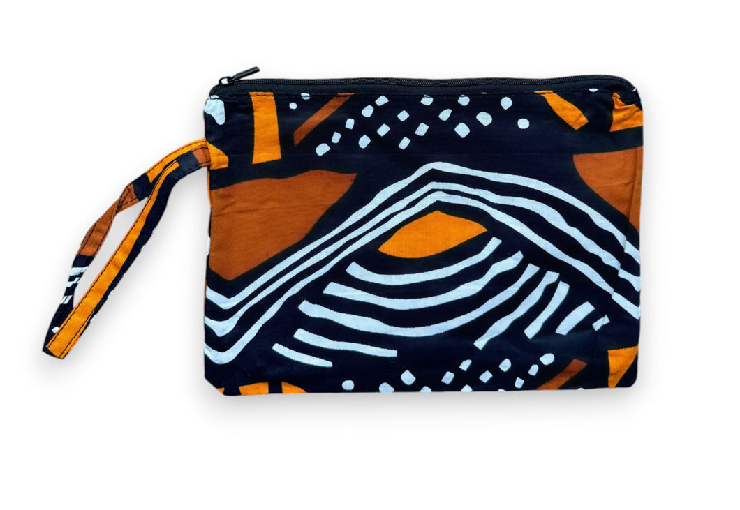 Pochette de maquillage imprimé africain / Étui à crayons / Sac cosmétique / Porte-monnaie - Marron / orange Bogolan