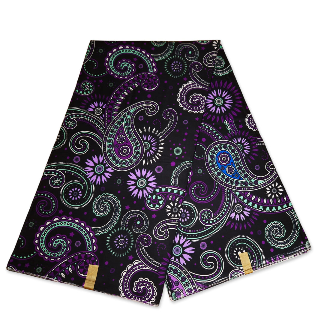 6 Yards - African print fabric - Black Purple Paisley - Polycotton