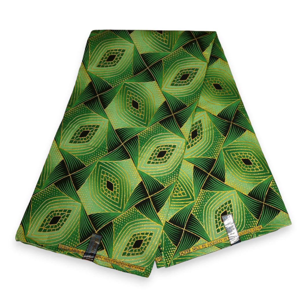 6 Yards - Tissu imprimé africain - Effets pailletés embellis exclusifs 100% coton - PO-5008 Gold Green