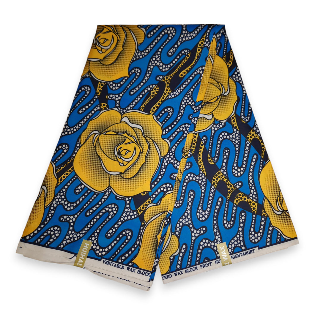 6 Yards - African print fabric - Blue Yellow Rose - Polycotton