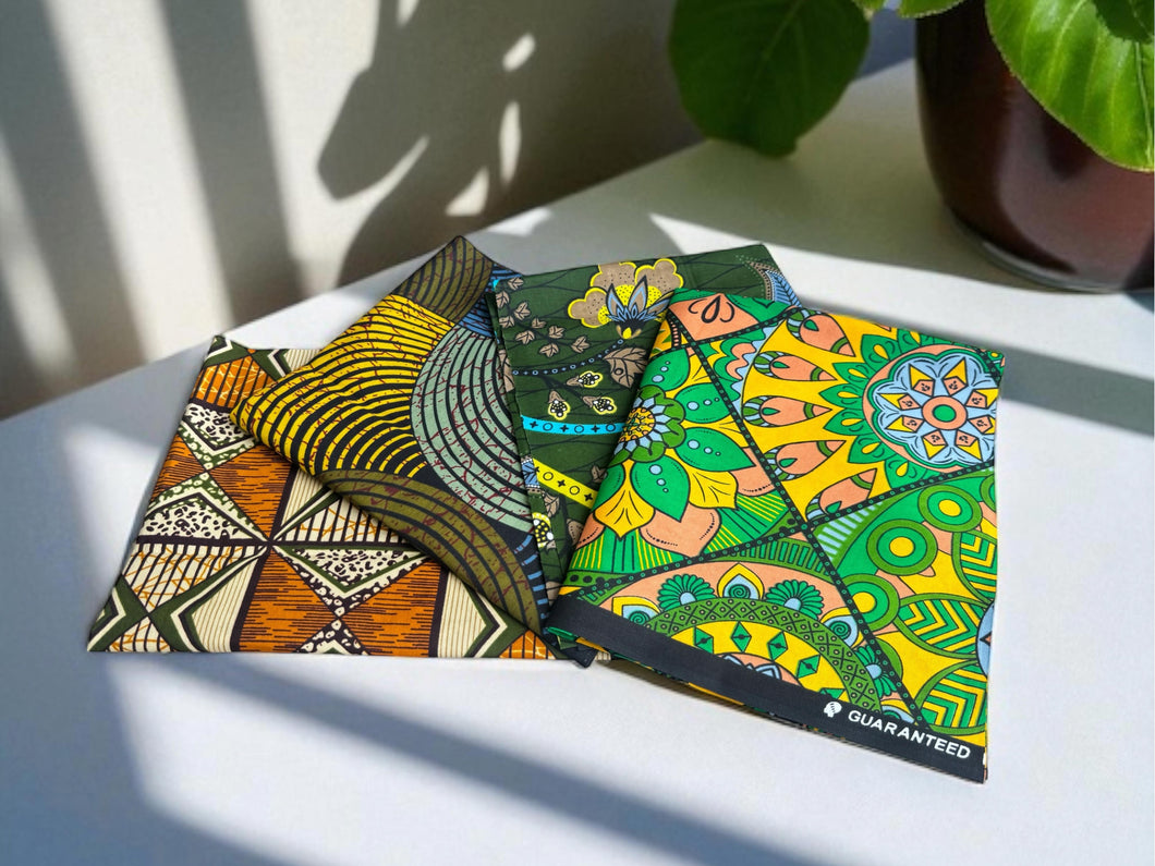 4 Fat quarters - Green mix Quilting fabrics / Patchwork fabrics - African print fabric
