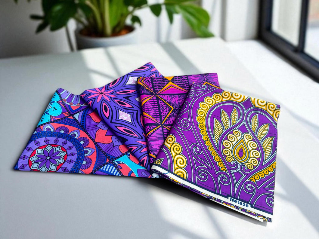 4 Fat quarters - Purple mix Quilting fabrics / Patchwork fabrics - African print fabric