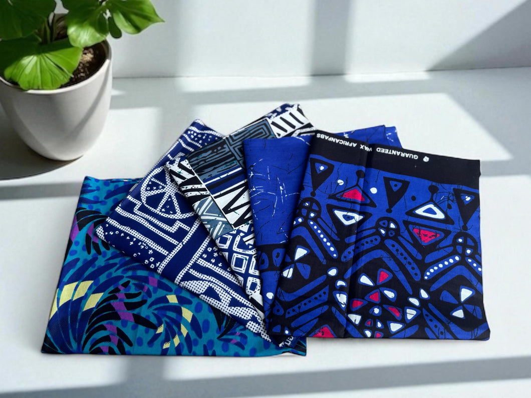4 Fat quarters - Blue mix Quilting fabrics / Patchwork fabrics - African print fabric