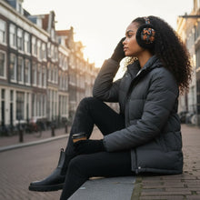Lade das Bild in den Galerie-Viewer, African Print Earmuffs - Foldable Winter Ear Warmers - Brown Cross Bogolan
