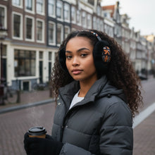 Lade das Bild in den Galerie-Viewer, African Print Earmuffs - Foldable Winter Ear Warmers - Brown Cross Bogolan

