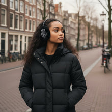 Lade das Bild in den Galerie-Viewer, African Print Earmuffs - Foldable Winter Ear Warmers - Black White Bogolan
