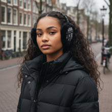 Lade das Bild in den Galerie-Viewer, African Print Earmuffs - Foldable Winter Ear Warmers - Black White Bogolan
