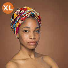Lade das Bild in den Galerie-Viewer, XL Easy headwrap - Satin lined hair bonnet - Red Blue Flowers
