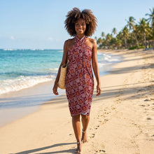 Charger l'image dans la galerie, Sarong / pareo - Cotton Beachwear wrap skirt / baby carrier wrap - Burgundy Orange Bogolan Icons
