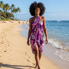 Charger l'image dans la galerie, Paréo / sarong - Jupe portefeuille en coton pour plage / porte-bébé - Fleurs violettes / roses

