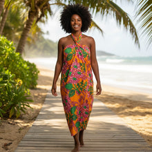 Afbeelding in Gallery-weergave laden, Sarong / pareo - Katoenen strandkleding wikkelrok / draagdoek - Oranje Roze Bloemranken
