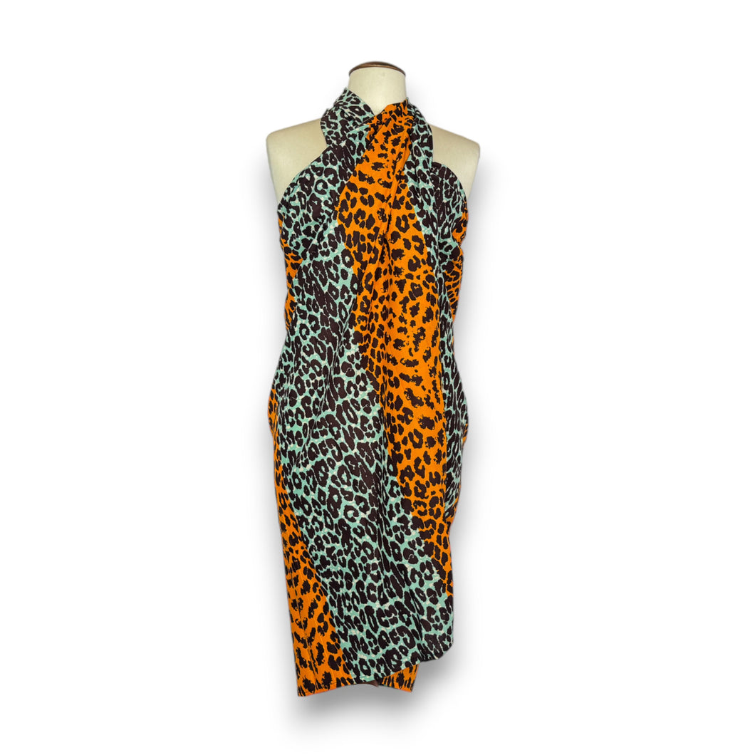 Sarong / pareo - Jupe portefeuille en coton pour la plage / porte-bébé - Panthère orange / turquoise
