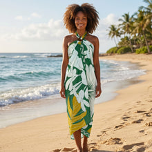 Afbeelding in Gallery-weergave laden, Sarong / pareo - Strandkleding wikkelrok - Wit / groene hibiscusbloem
