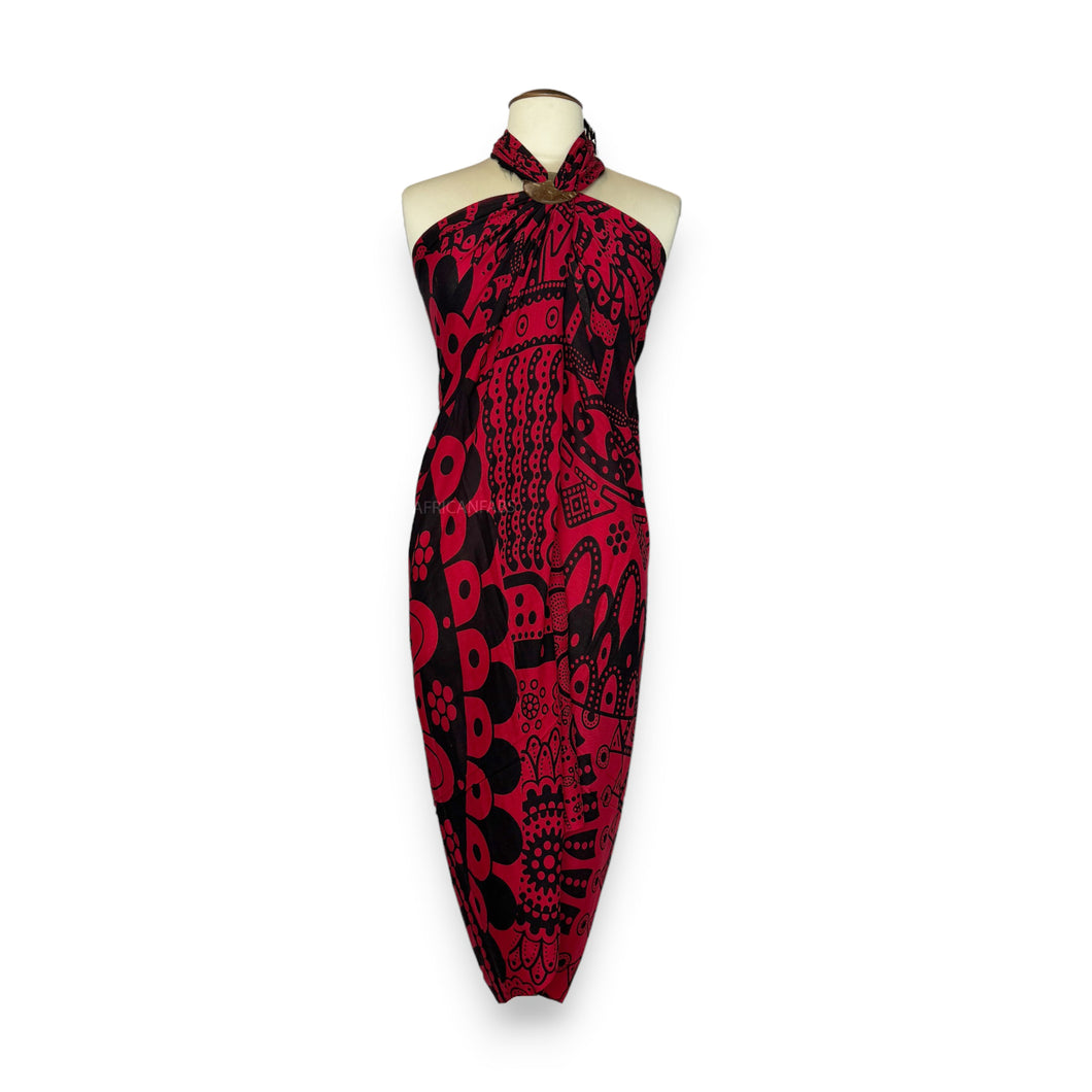 Sarong / Pareo - Strandbekleidungs-Wickelrock - Schwarz / rotes Mandala