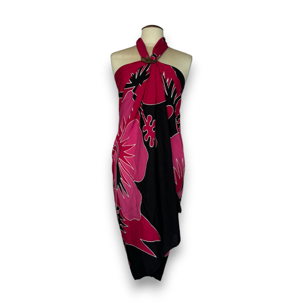 Handbemalter Sarong / Pareo - Strandbekleidungs-Wickelrock - Schwarz / roter Hibiskusblüte