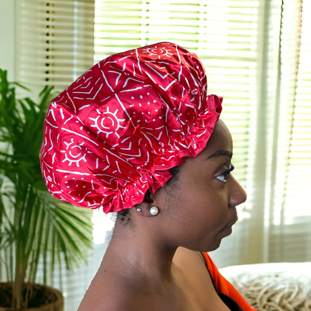 10 pieces - LARGE Shower cap for full hair / curls - African print Red White bogolan