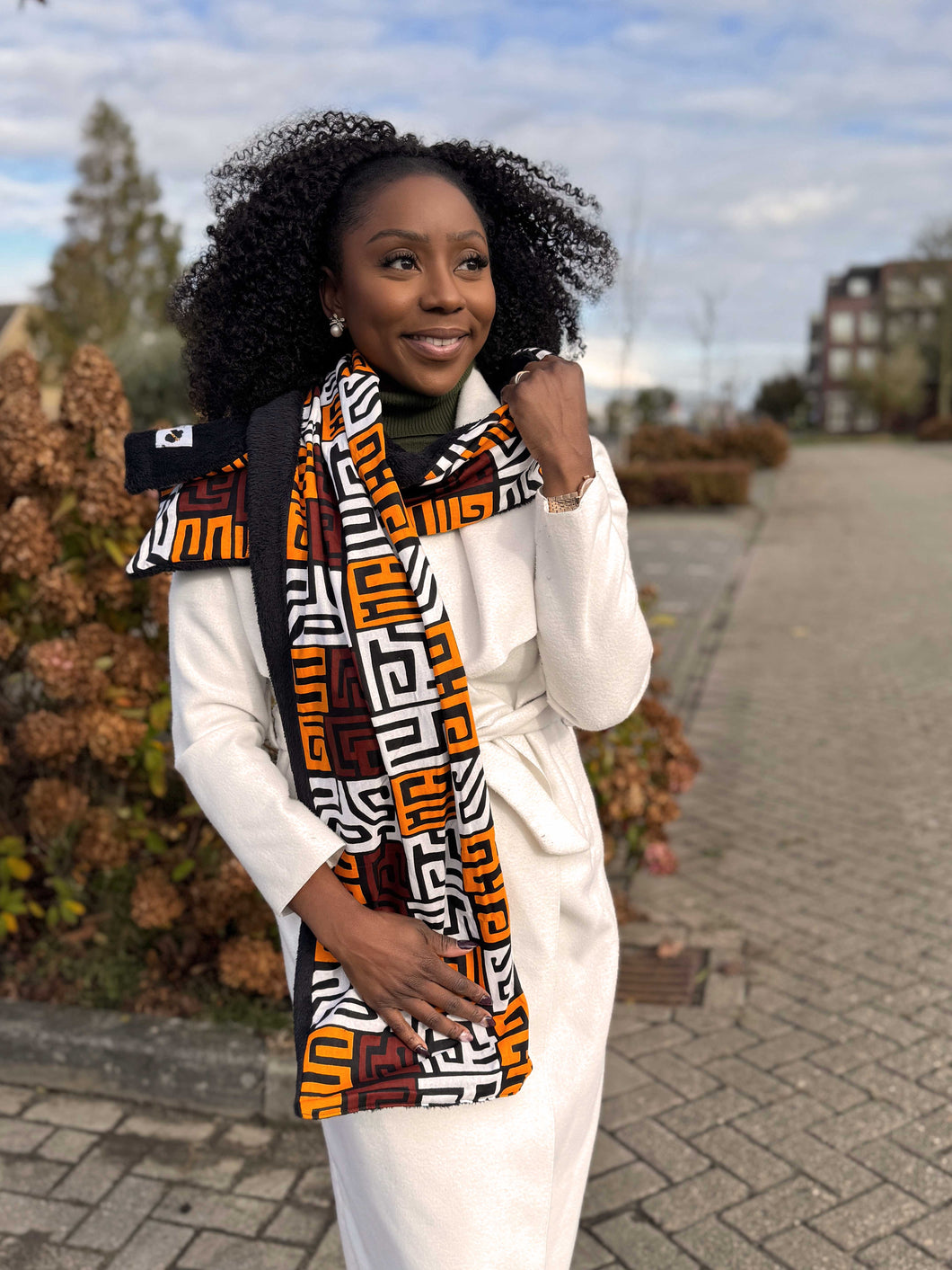 African print Winter scarf Unisex - Slim model - Brown Kuba Blocks