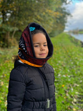 Load image into Gallery viewer, African print Turtleneck Winter scarf for Kids Unisex - Dark Brown / Yellow Bogolan Symbols
