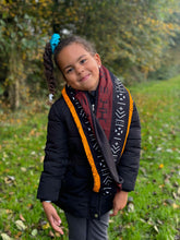 Load image into Gallery viewer, African print Turtleneck Winter scarf for Kids Unisex - Dark Brown / Yellow Bogolan Symbols

