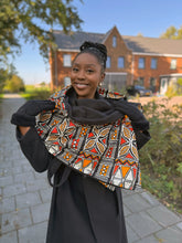 Load image into Gallery viewer, African print Winter scarf for Adults Unisex - Red / Orange bogolan symbols
