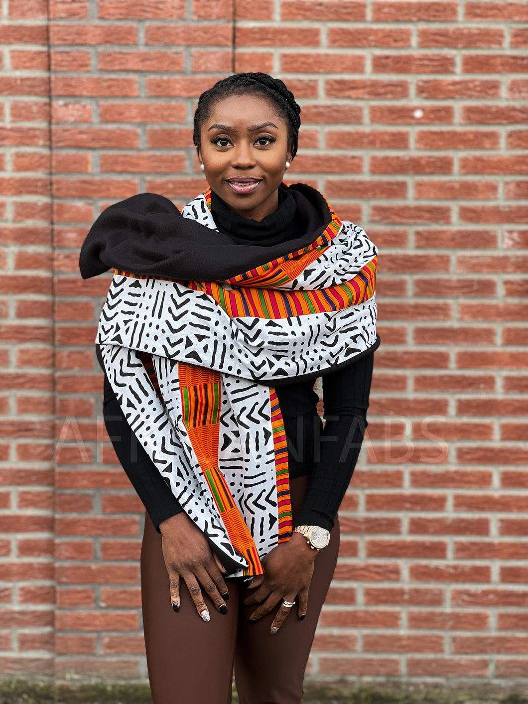Afrikaanse print Wintersjaal voor volwassenen Unisex - Wit/zwarte bogolan met oranje kente