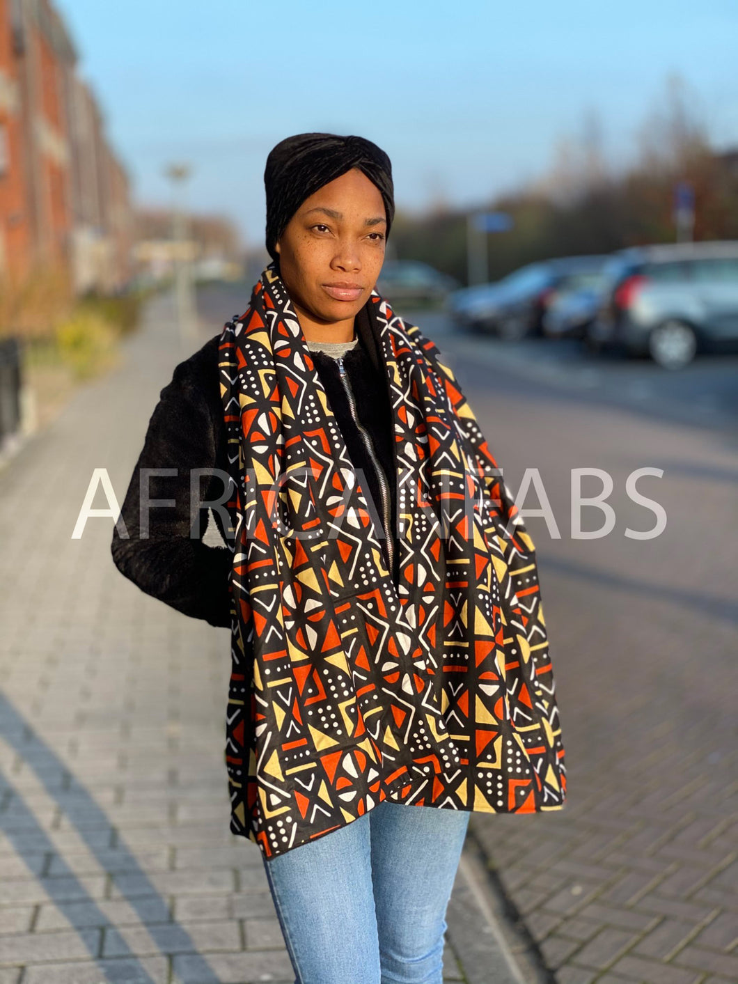 African print Winter scarf for Adults Unisex - Brown / Orange / Beige mud cloth / bogolan