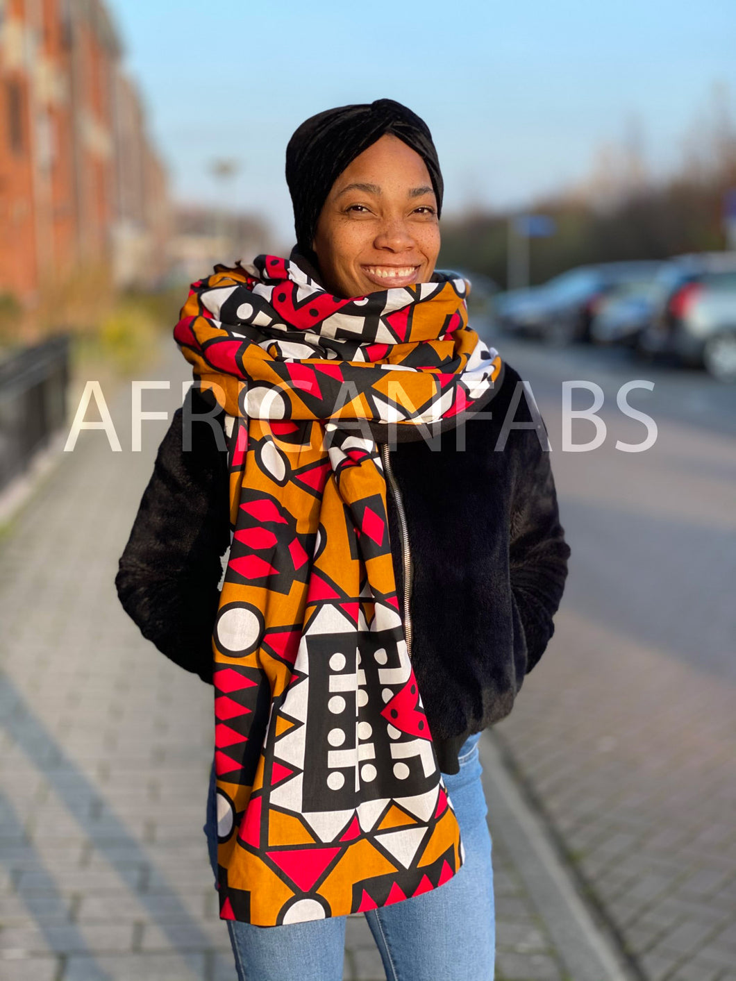 Foulard d'hiver imprimé africain pour adultes unisexe - Rouge moutarde Samakaka