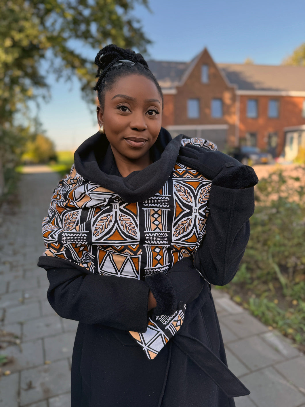 African print Winter scarf for Adults Unisex - Brown Bogolan Symbols