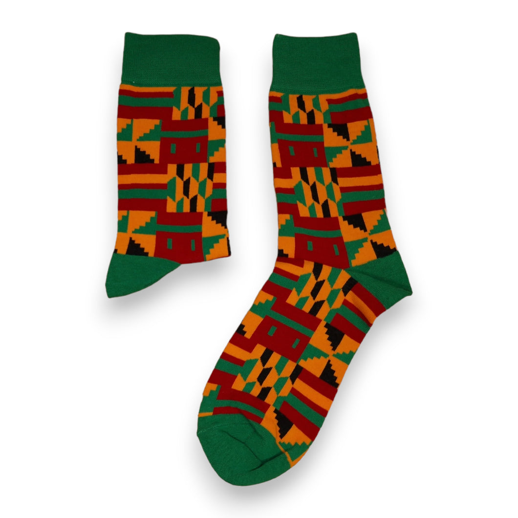 5 Paar - Afrikanische Socken / Afro-Socken / Kente-Socken - Grün / Orange