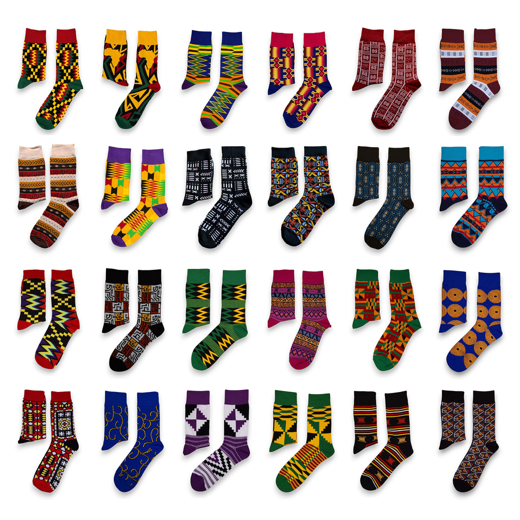 Mix of 24 different pairs - African socks / Afro socks / African print socks - All 24 styles