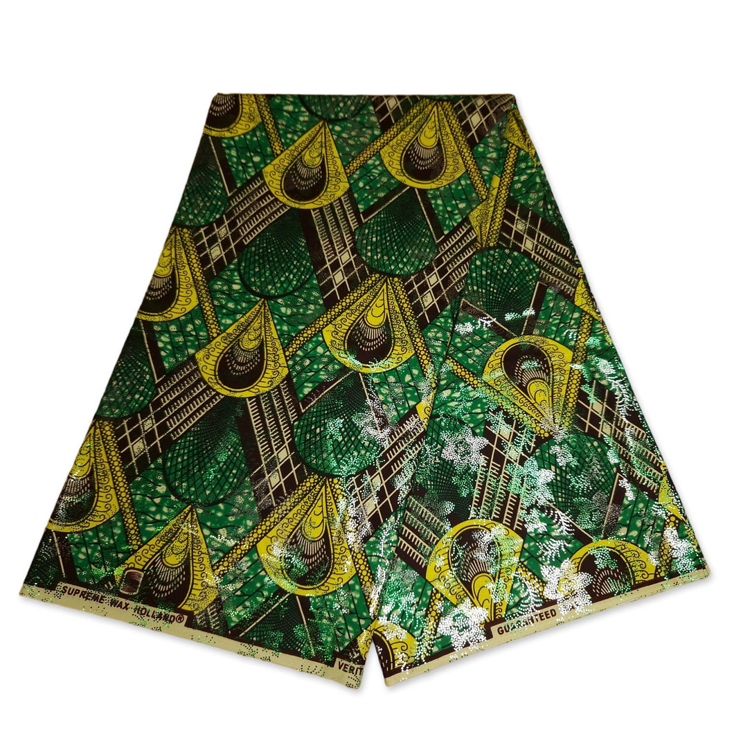 6 Yards - African Wax print fabric Osikani - Green peacock with SILVER effect