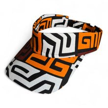 Charger l&#39;image dans la galerie, Casquette visière solaire en tissu africain - Marron et jaune-orange Kuba Blocks Congo
