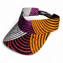 Charger l&#39;image dans la galerie, Casquette visière de soleil en tissu africain - Design de cercles concentriques orange et violet
