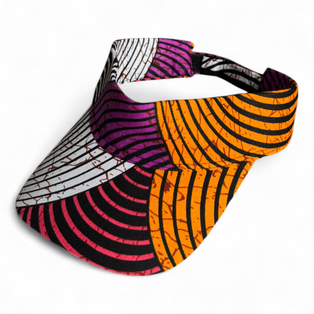Casquette visière de soleil en tissu africain - Design de cercles concentriques orange et violet