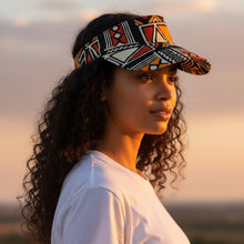 Charger l'image dans la galerie, Casquette visière solaire à imprimé africain - Symboles Bogolan rouge et orange
