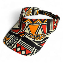 Charger l&#39;image dans la galerie, Casquette visière de soleil en tissu africain - Symboles Bogolan rouges et orange
