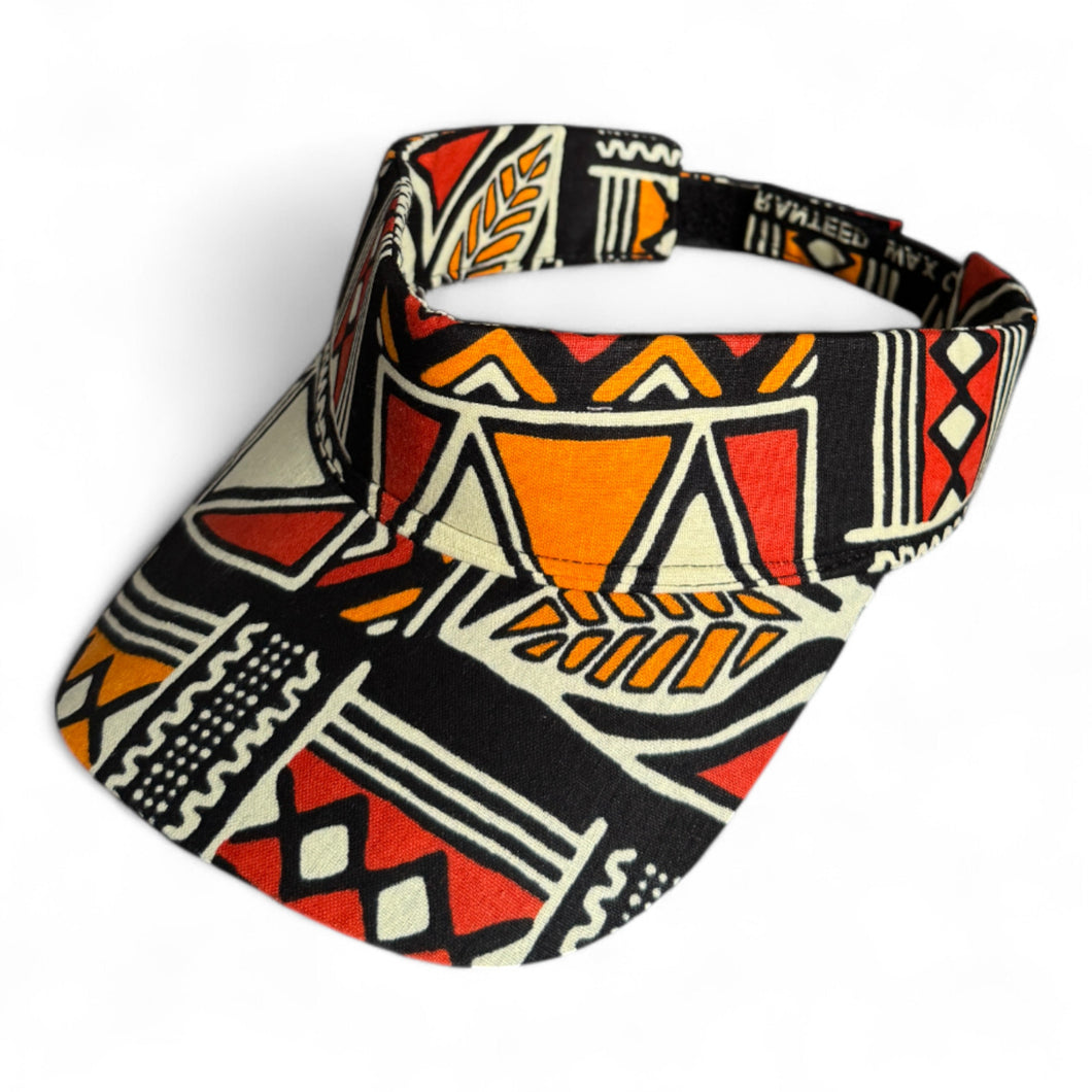 Casquette visière de soleil en tissu africain - Symboles Bogolan rouges et orange