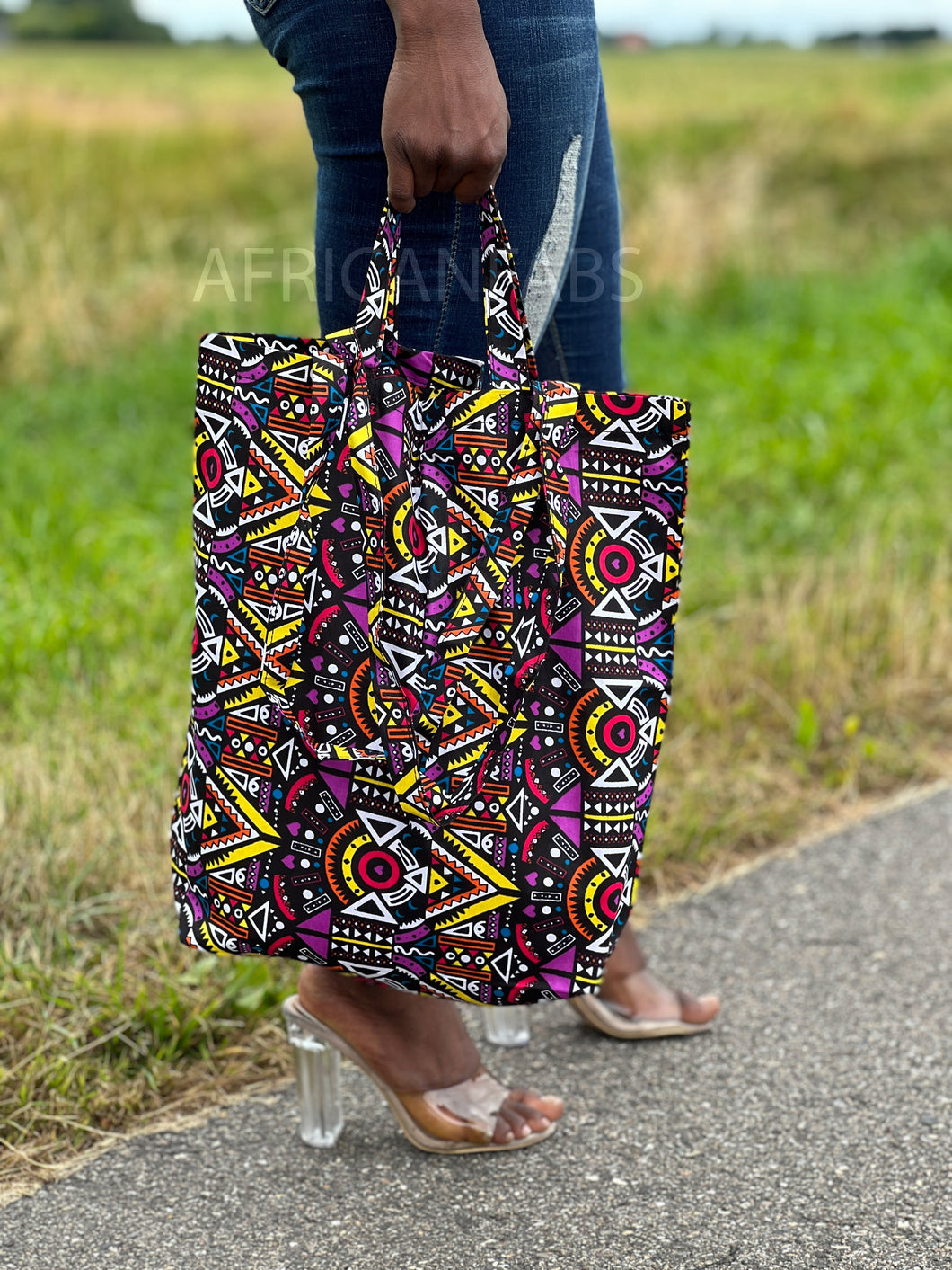 Shopper bag with African print - Pink / yellow tribal - Reusable Shopping Bag made of cotton