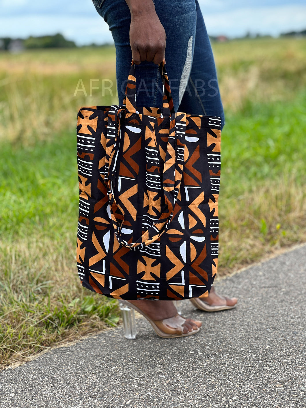 Shopper bag with African print - Brown bogolan - Reusable Shopping Bag made of cotton