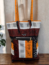 Load image into Gallery viewer, Shopper bag with African print - Dark Brown / Yellow Bogolan Symbols - Reusable Cotton Tote Bag
